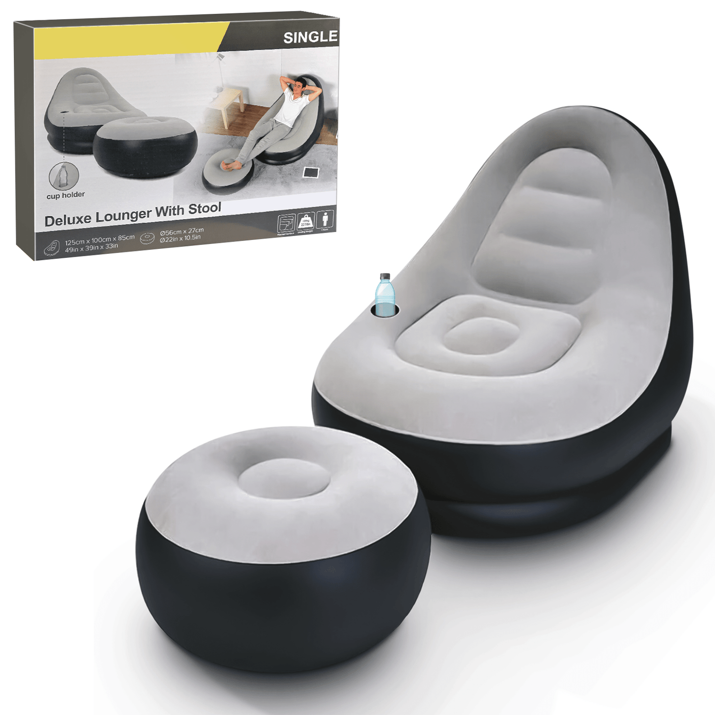 Inflatable 2pcs Deluxe Lounger With Foot Stool/Perfect Chair For Gaming, Reading & Movie Watching