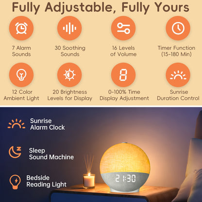 Sunrise Alarm Clock, Sound Machine for Sleep, Snooze, Timer, Dimmable Night Light, 30 Soothing Sounds, White Noise Machine, Wake Up Light for Bedrooms, Adults, Heavy Sleepers