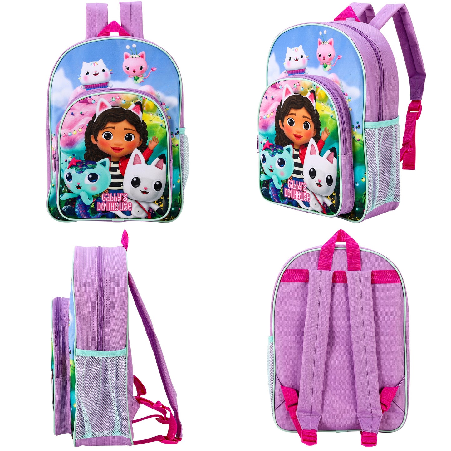 Gabby'S Dollhouse Kids Childrens Premium Backpack School Rucksack Travel Bag with Side Mesh Pocket And Front Zipped Pocket