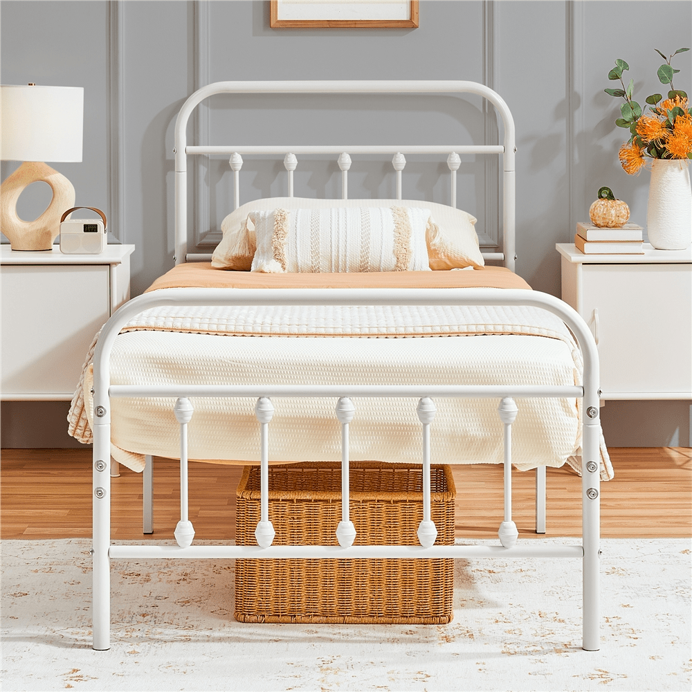 Costoffs Metal Bed Frame, Metal-Framed Bed, Bed Foundation, Metal Platform Bed, Vintage Iron Platform Bed with High Headboard and Footboard, Sturdy Iron Bed, Single/Double/King, White/Black/Pink