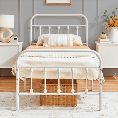 Costoffs Metal Bed Frame, Metal-Framed Bed, Bed Foundation, Metal Platform Bed, Vintage Iron Platform Bed with High Headboard and Footboard, Sturdy Iron Bed, Single/Double/King, White/Black/Pink