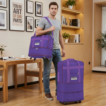 Large Capacity Foldable Travel Bag with Wheels, Oxford Rolling Luggage with Lock, Backpack Travel Duffle, Lightweight Suitcase, Versatile Travel Tote for Airport, Train Travel, Outdoor Trips, Travel Storage Bag, Clothing Protection Bag 1PC