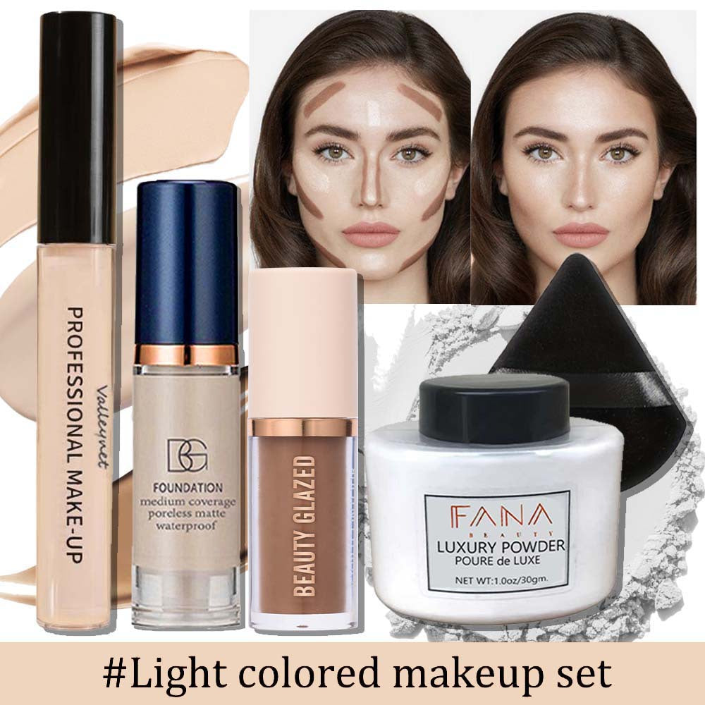 [Face Base Kit] 5pcs/Set Complete Face Base Kit - High-Coverage Concealer, Lightweight Liquid Foundation, 3D Contouring Cream, Oil-Control Loose Powder And Soft Puff - Long-Lasting Matte Flawless End Set