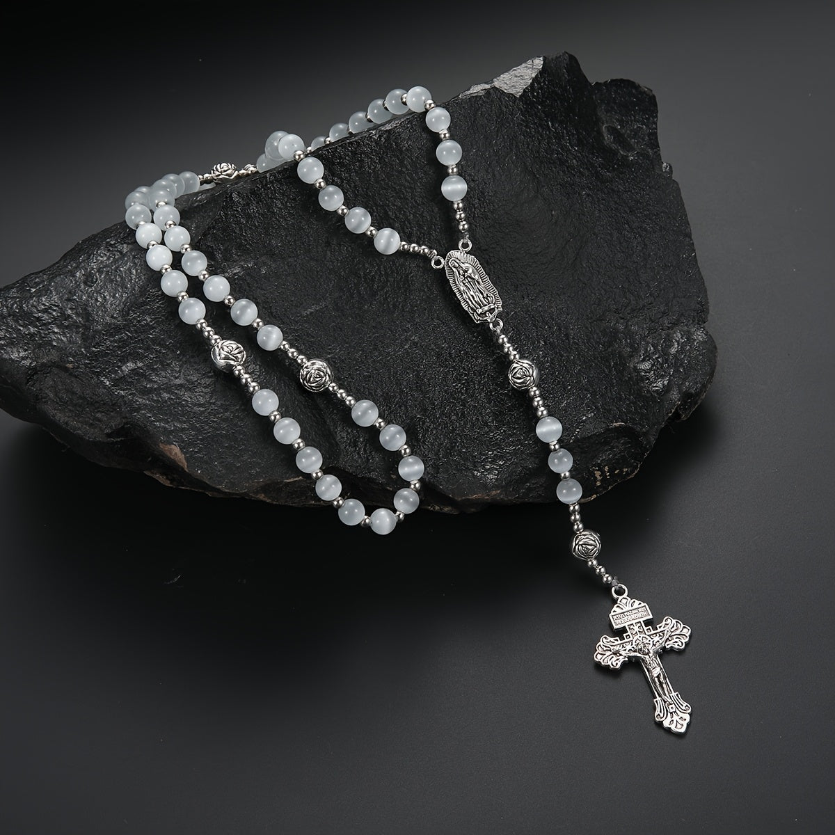 1 Fashionable and Elegant White Cat Eye Stone Round Bead Rose Beads String Cross Pendant Necklace for Men and Women