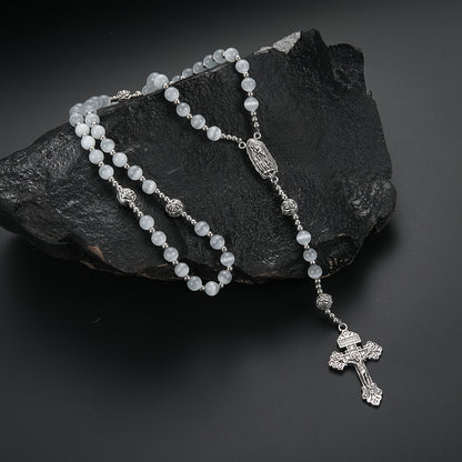 1 Fashionable and Elegant White Cat Eye Stone Round Bead Rose Beads String Cross Pendant Necklace for Men and Women