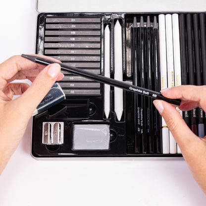 Evelay 28pcs Professional Drawing Pencil Set – Sketching & Art Supplies Kit with Charcoal, Graphite, Pastels, Erasers & Tin Case – Ideal Gift for Beginners & Artists