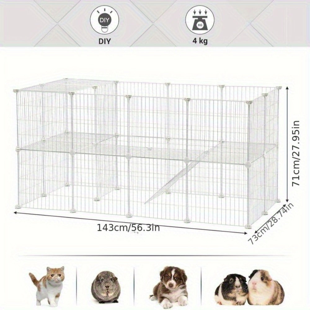 Two-Storey Metal Pet Playpen 36 Grid Panels 143x73x71cm – Indoor Small Animal Cage for Guinea Pigs Rabbits & Hamsters, Includes Mallet, Black or White