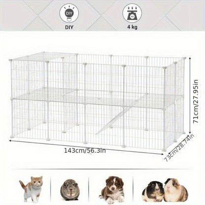 Two-Storey Metal Pet Playpen 36 Grid Panels 143x73x71cm – Indoor Small Animal Cage for Guinea Pigs Rabbits & Hamsters, Includes Mallet, Black or White