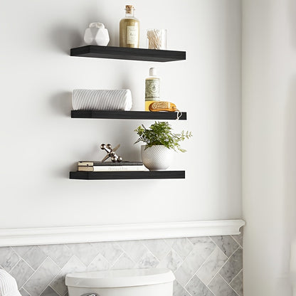 3 Pack Rustic Wood Floating Shelves Wall-Mounted with Sturdy Metal Brackets - Heavy Duty Painted Finish, Natural Wood Grain, Easy Installation for Living Room, Bedroom, Kitchen - Space-Saving Modern Farmhouse Style Shelving (No Visible Brackets)
