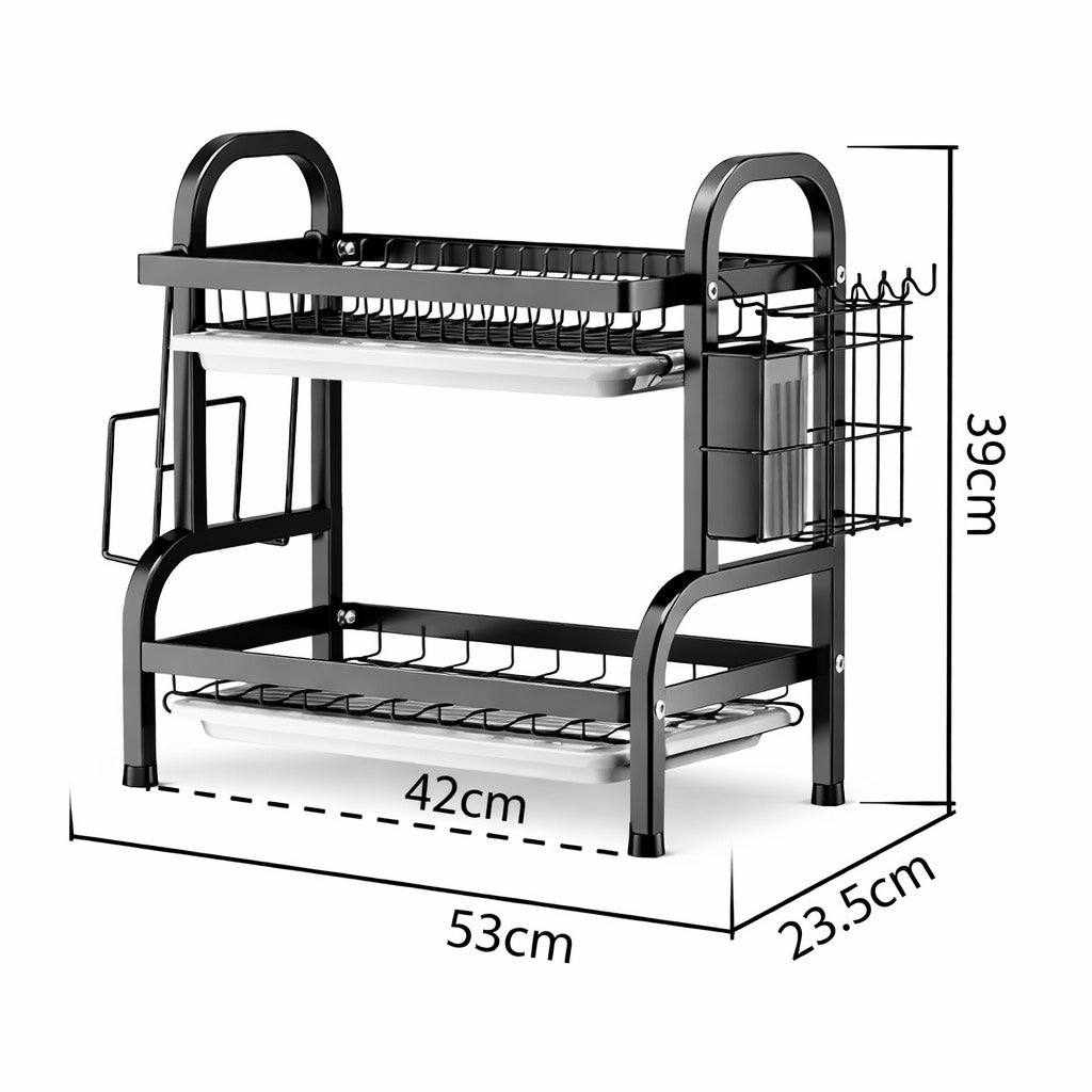 2 Tier Dish Drying Rack with Drip Tray Large Capacity Kitchen Organiser for Plates Bowls & Utensils Space Saving Storage Solution Household