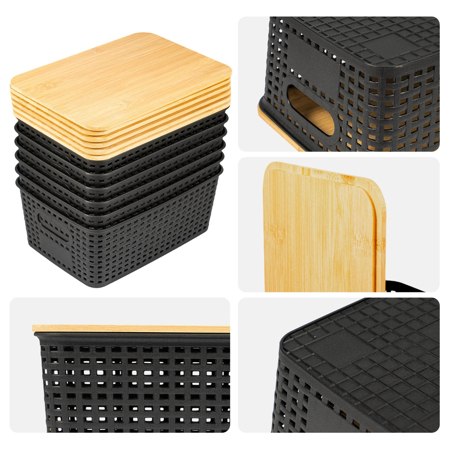 6-Pack Black Stackable Storage Bins with Bamboo Lids – Modern Lidded Plastic Boxes for Kitchen, Bathroom, Office, or Wardrobe Organization