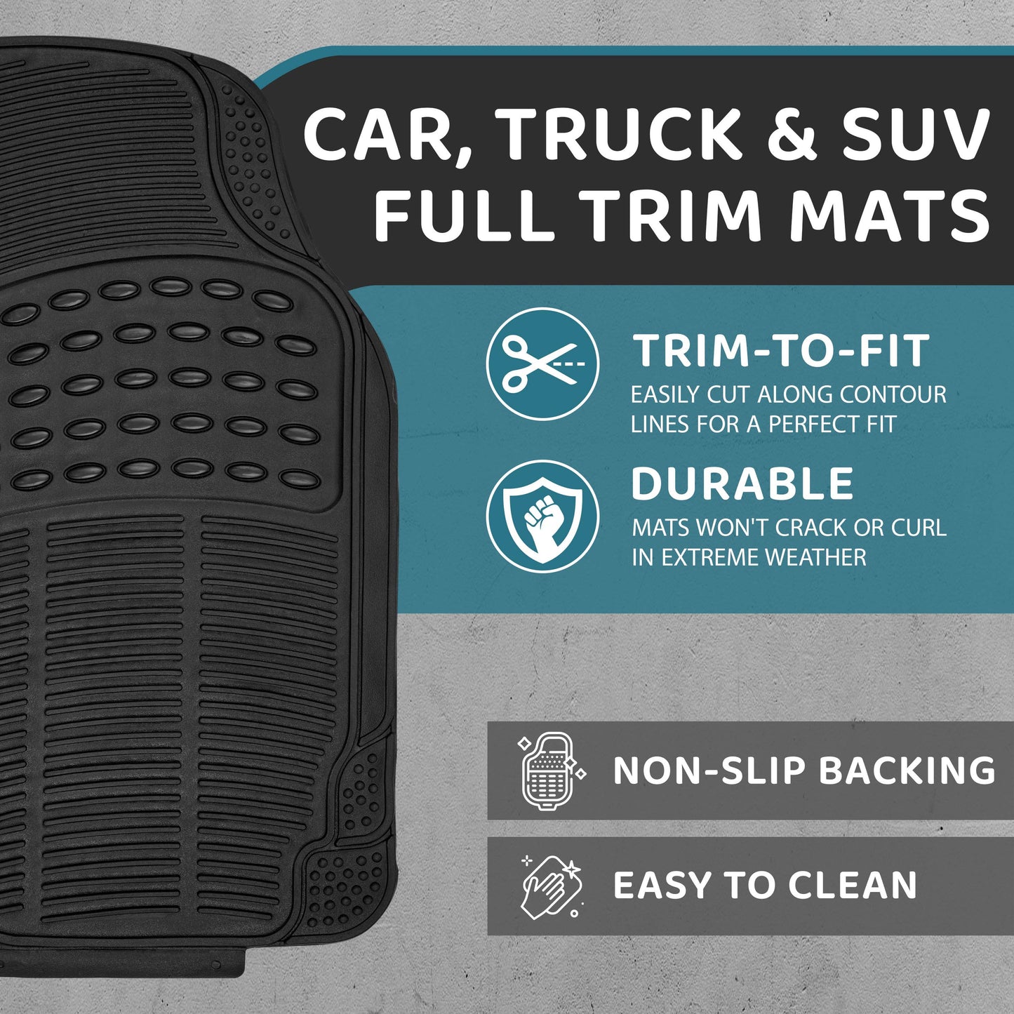 Heavy Duty Rubber Car Mats Universal Non Slip Floor Mats or Waterproof Boot Liner | Trim to Fit All Weather Protection for Cars, Vans, SUVs & Trucks