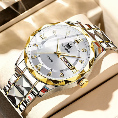 1 New Stainless Steel Band Men'S Quartz Watch Roman Numeral Dial Inlaid with Rhinestones Date Calendar Trendy Fashion Easy Brand Luxury Luminous Sports Leisure Life Travel Business Multi-Function Watch Birthday Gift Holiday Gift Gift Ideal Choice