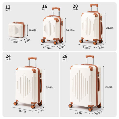 4/5pcs Hard Shell Luggage Set, Expandable & Lightweight Hardside Suitcase With 360° Spinner Wheels (12, 16, 20, 24, 28 Inch) - Stylish White Paired With Brown Luggage