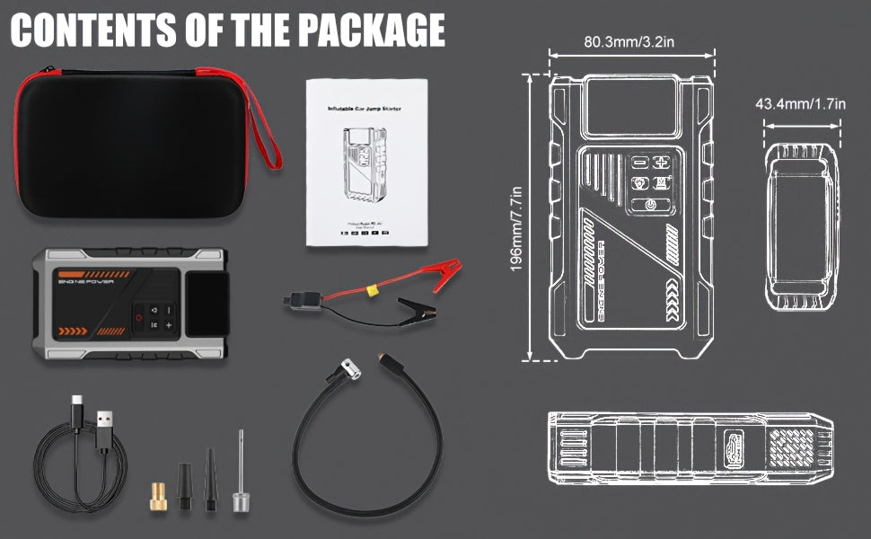 12000mAh Jump Starter Power Pack - 6000A Car Battery Booster - 12V Jump Starter with 150PSI Tire Inflator - Portable Air Compressor with LCD Display - Jump Starter Power Bank (1.98gal Gas/1.59gal Diesel) - LED Light