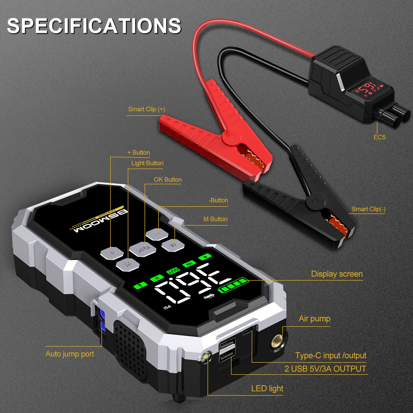 12V Car Jump Starter 9000A Peak Auto Battery Booster Pack Power Bank 21800mAh/26800mAh, Jump Box With LED Light LCD Screen (Up To All Gas Or 10, 0L Diesel Engine)