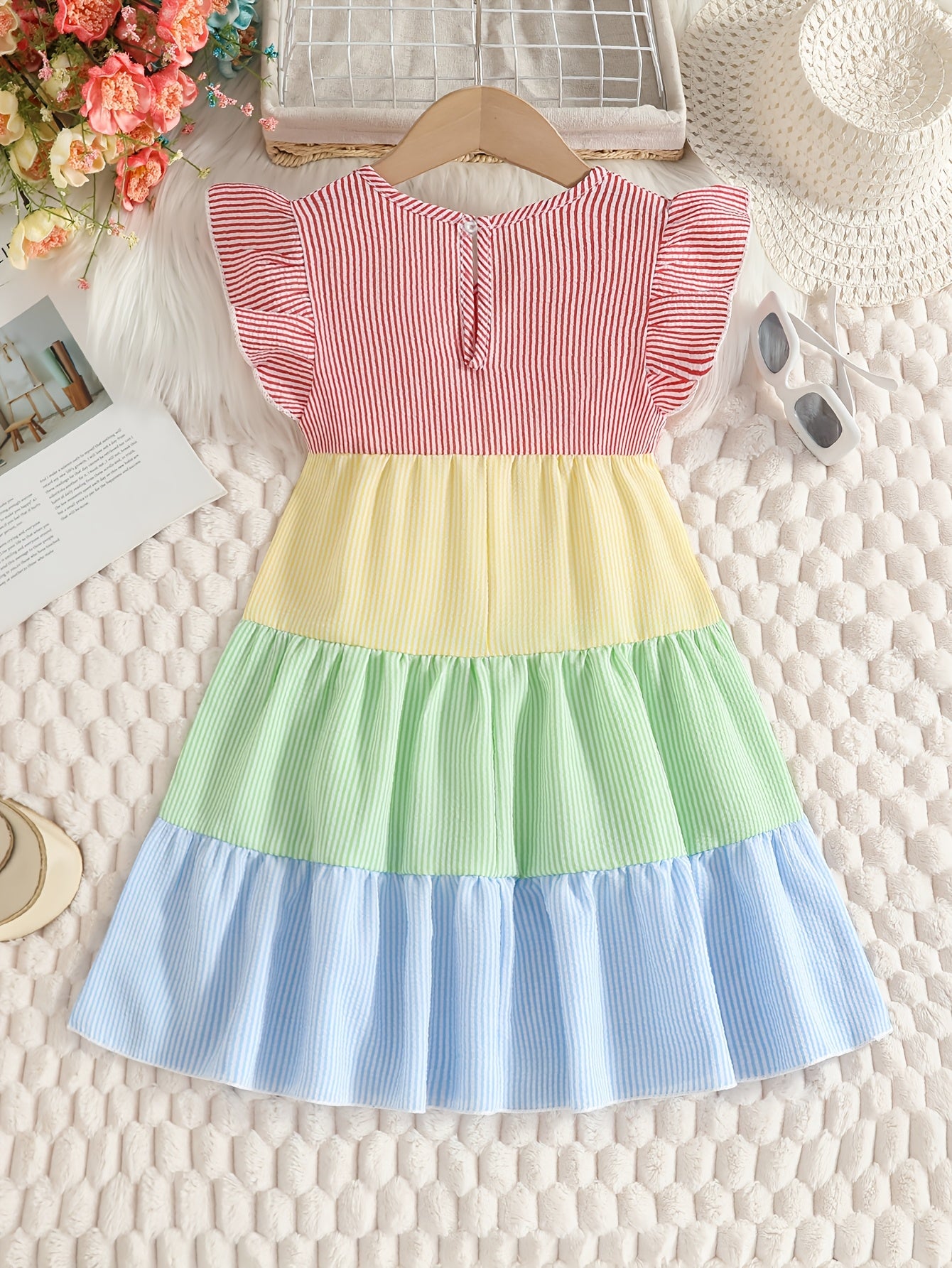 New Summer Style Girls' Colorblock Striped Dress, Cute Flutter Sleeve Dress, Summer Casual Dress, Summer Children's Clothing, Casual Daily Wear, Sweet and Adorable Girls' Dress, Girls' Clothes, Easter