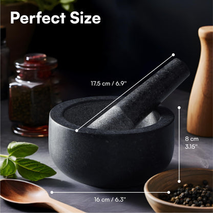 H&S Pestle and Mortar Set Premium Solid Granite Stone Large Black - 16cm (6.3in) Diameter