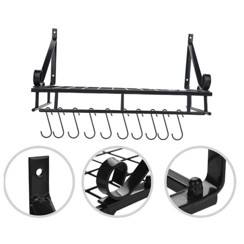 10-Hook Heavy Duty Metal Wall-Mounted Kitchen Organizer, Multifunctional Hanging Rack for Pots, Pans, and Cooking Utensils Storage, Space Saving Design for Small Kitchens