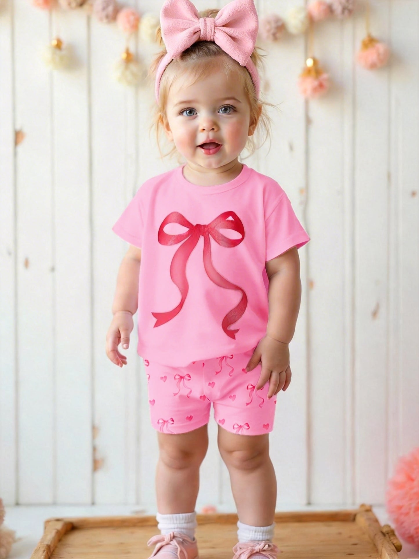 2pcs Set of Casual Loose-fitting Round-neck Short-sleeve T-shirt and Shorts for Girls Aged 1-6, Featuring Cute Heart and Bowknot Prints, Suitable for Daily Wear, Outings, Home, and School in Spring and Summer, Perfect for Outdoor