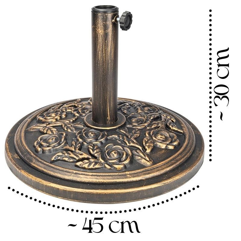 9kg Round Parasol Base Bronze Cast Iron Effect Umbrella Stand, Outdoor Heavy Duty Weight Support with Adjustable Collars & Tightening Knob for Garden, Patio, Lawn & Terrace Furniture, Floral Design, Bronze