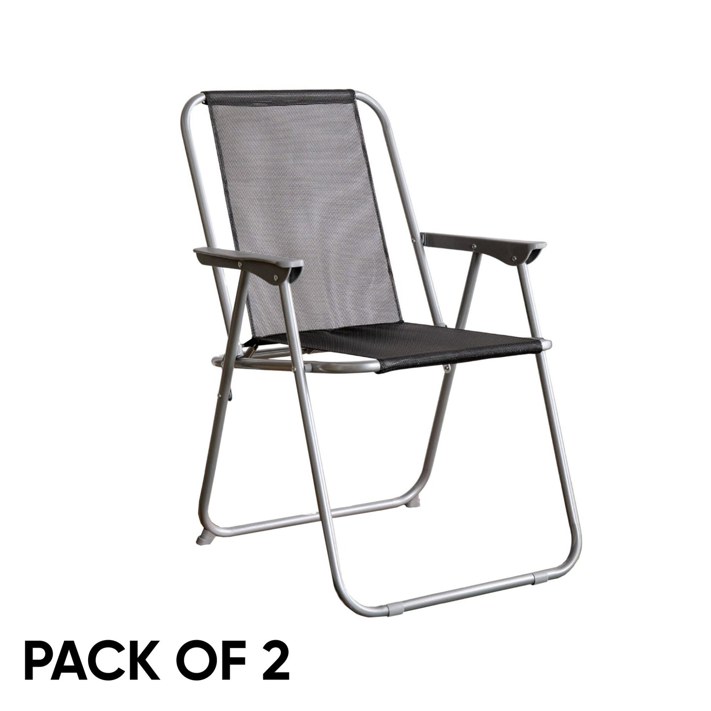 2 x Foldable Garden Chairs Fixed position garden chairs with grey frame and black fabric