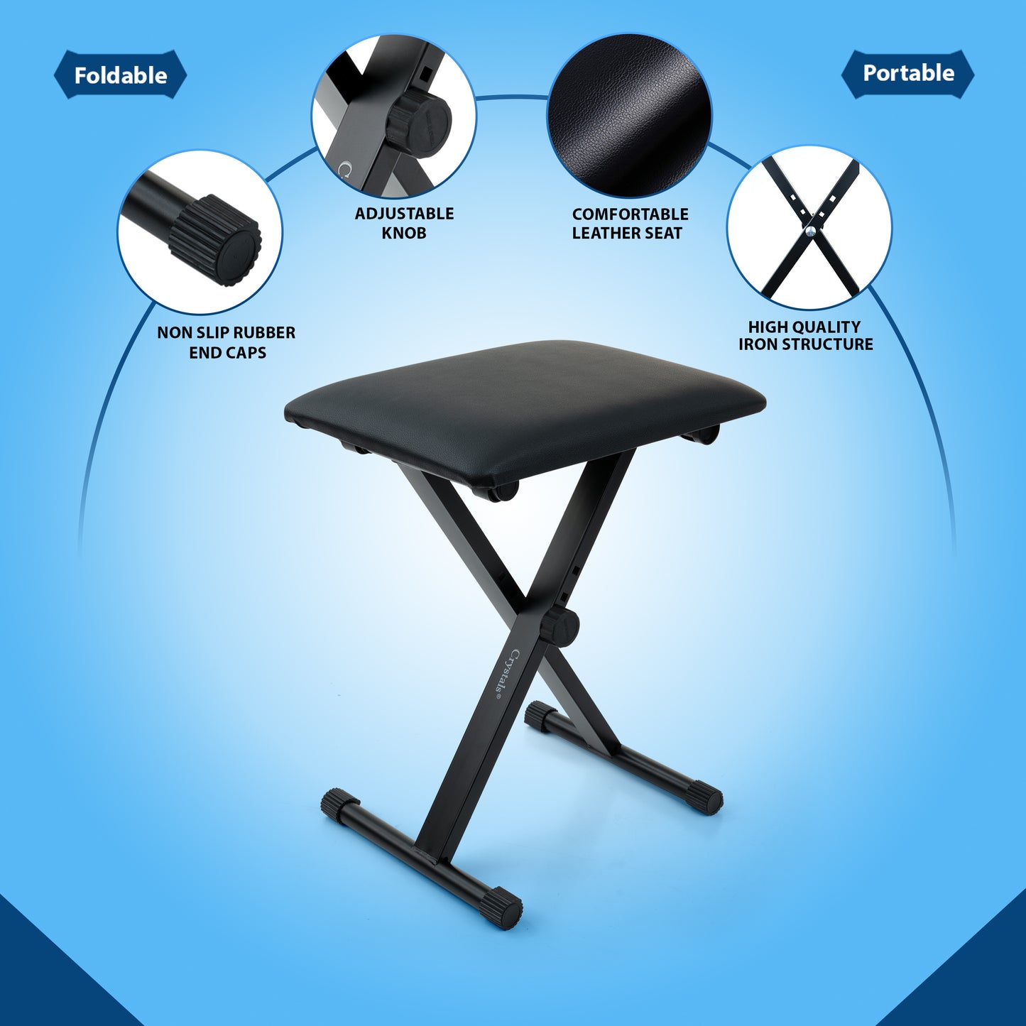 Folding Black Music Piano Stool Fully Adjustable Height Pro X Frame Keyboard Bench Seat - Non Slip Feet