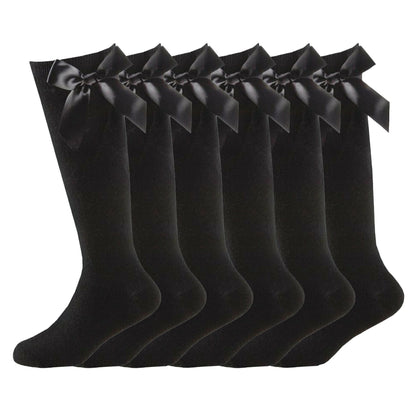 6 pairs Girls Knee High School Socks Cotton Rich Socks with Ribbons Silky Bow, Back to School Uniform Socks, Party Wear, Long Socks for School with Bow, Knee High Girls School Plain Socks UK LOCAL BASED DELIVERY