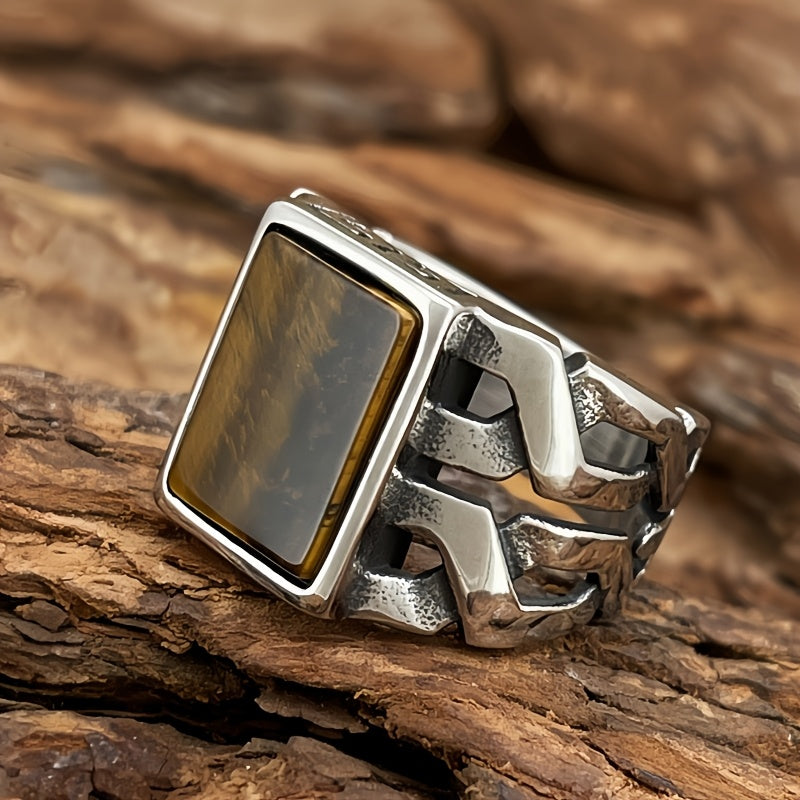 Men's Titanium Stainless Steel Retro Faux Gemstone Agate Stainless Steel Ring Durable Anti-allergic Men's Fashion Jewelry Anniversary or Birthday Gift Suitable for Daily Wearing
