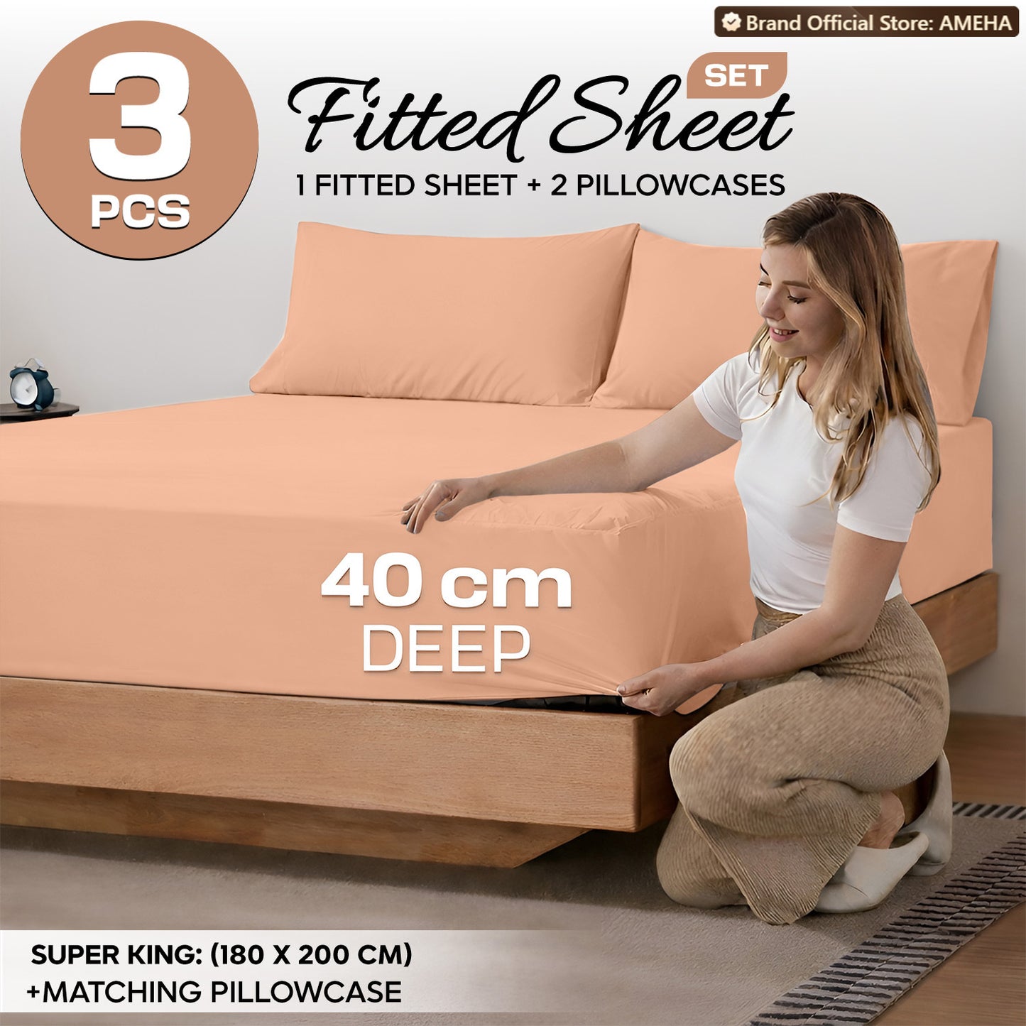 3pcs 40cm Extra Deep Fitted Sheet – Solid Color Soft & Comfortable Bed Sheet with 2pcs Matching Pillowcases, Breathable Fabric Soft Brushed Microfiber Bedding, Machine Washable for Home Bedroom, Hotel