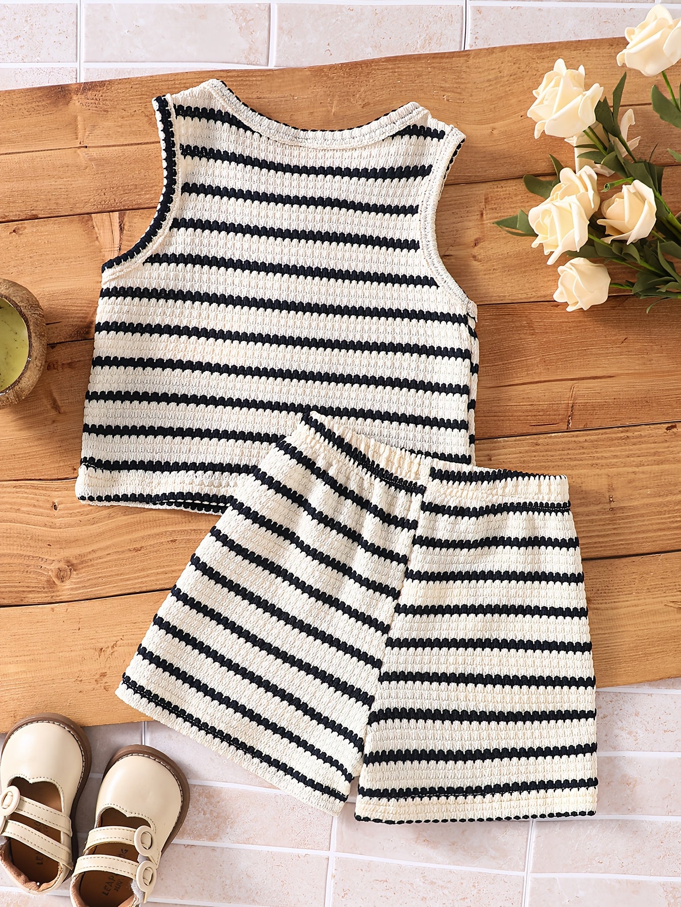 2pcs Set. Girls' Vest And Shorts Outfit, Bow Detail, Striped Knit Jacquard. Easy Fashion Design, Suitable for 1-8 Year Old Girls' Daily Casual Sports, Summer Outfit, As a Gift for Girls. Suitable for Outdoor