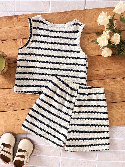 2pcs Set. Girls' Vest And Shorts Outfit, Bow Detail, Striped Knit Jacquard. Easy Fashion Design, Suitable for 1-8 Year Old Girls' Daily Casual Sports, Summer Outfit, As a Gift for Girls. Suitable for Outdoor