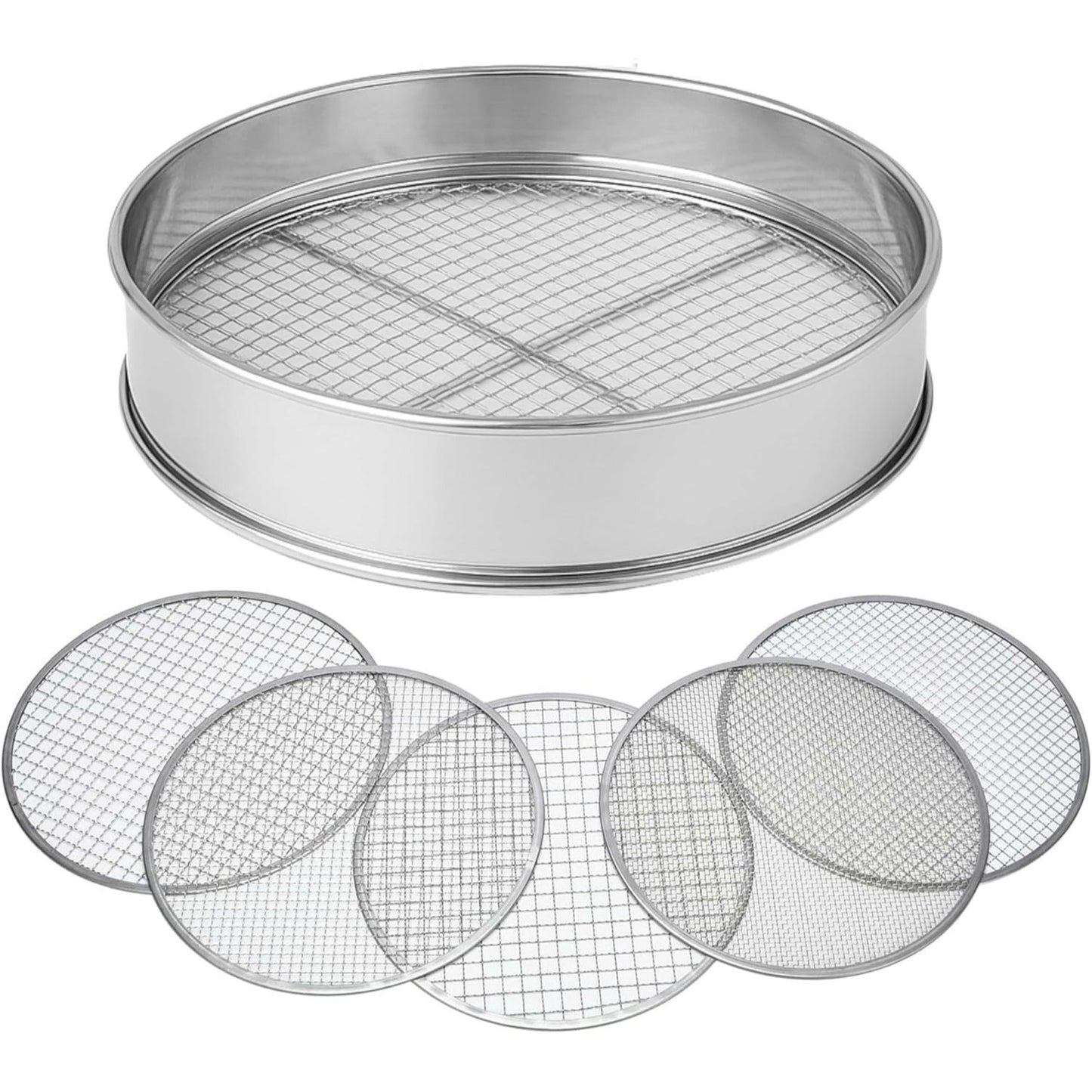 ADEPTNA 5Pcs Stainless Steel Soil Sieve Set Heavy Duty Garden Compost Sifter with 5 Interchangeable Mesh Inserts (3mm, 5mm, 8mm, 10mm, 12mm) Multi-Purpose Sifting Pan for Soil Sand Gravel Compost
