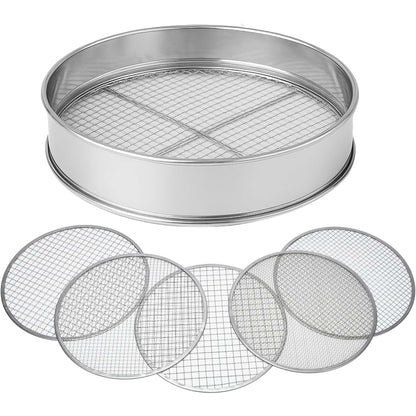 ADEPTNA 5Pcs Stainless Steel Soil Sieve Set Heavy Duty Garden Compost Sifter with 5 Interchangeable Mesh Inserts (3mm, 5mm, 8mm, 10mm, 12mm) Multi-Purpose Sifting Pan for Soil Sand Gravel Compost