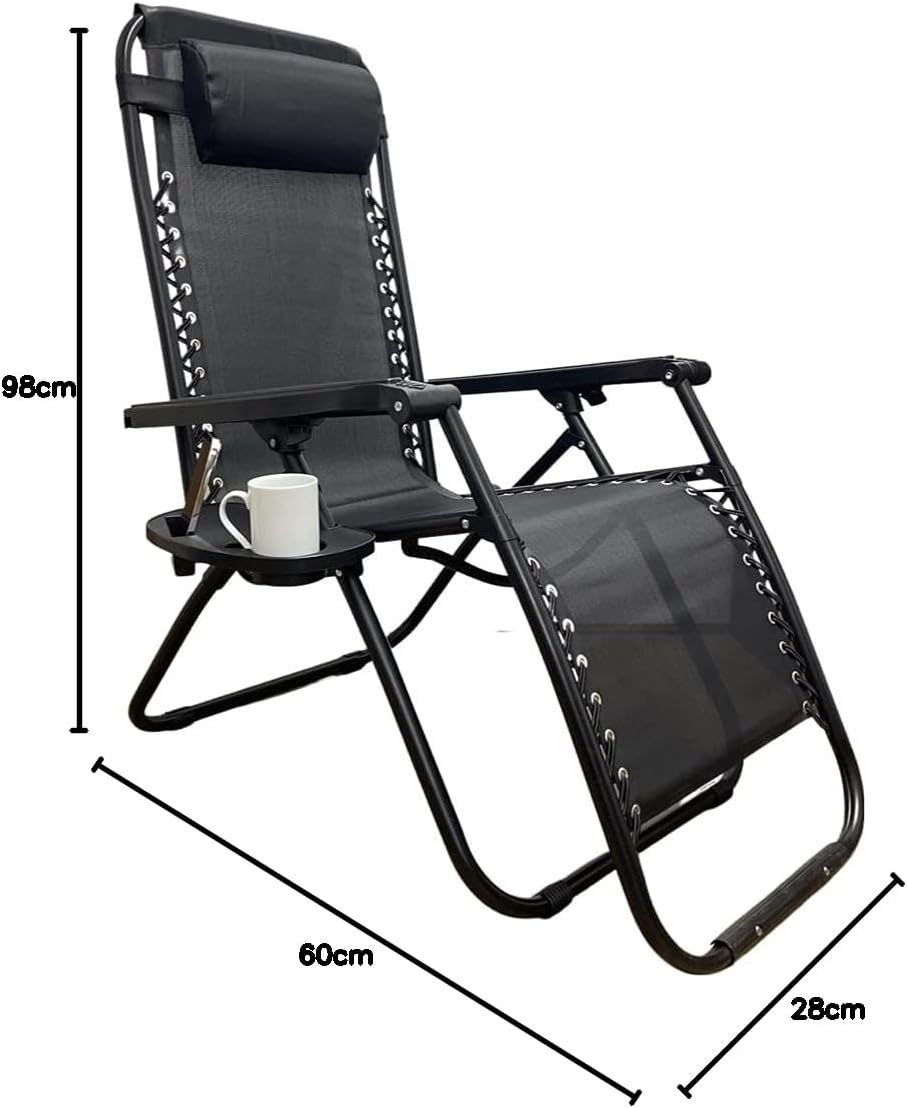 Zero‑Gravity Style Reclining Lounger – Folding Textoline Outdoor Chair with Side Tray & Headrest (Black)