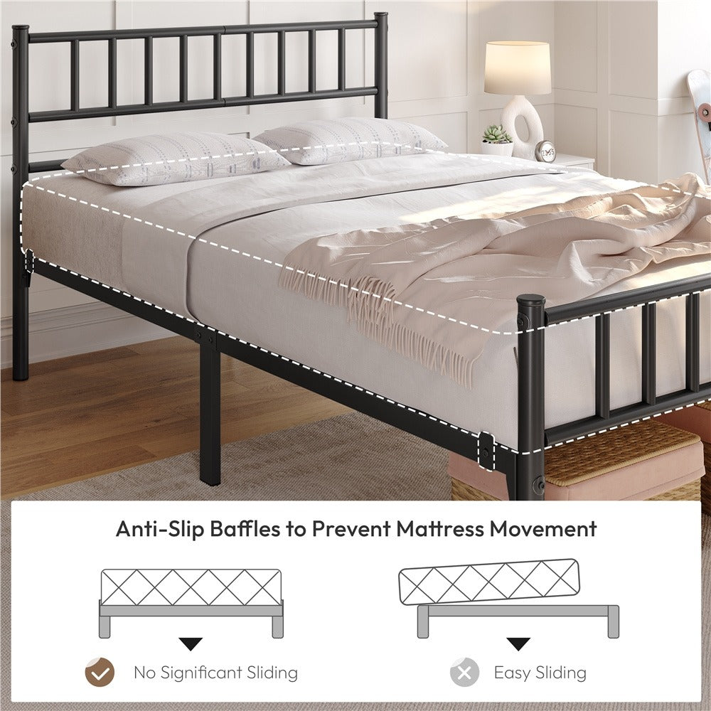 Slatted Headboard Metal Bed Frame Single & Double – 32cm Under-Bed Storage, 204kg Load, No Box Spring Needed, Easy Assembly | Black White Pink Silver