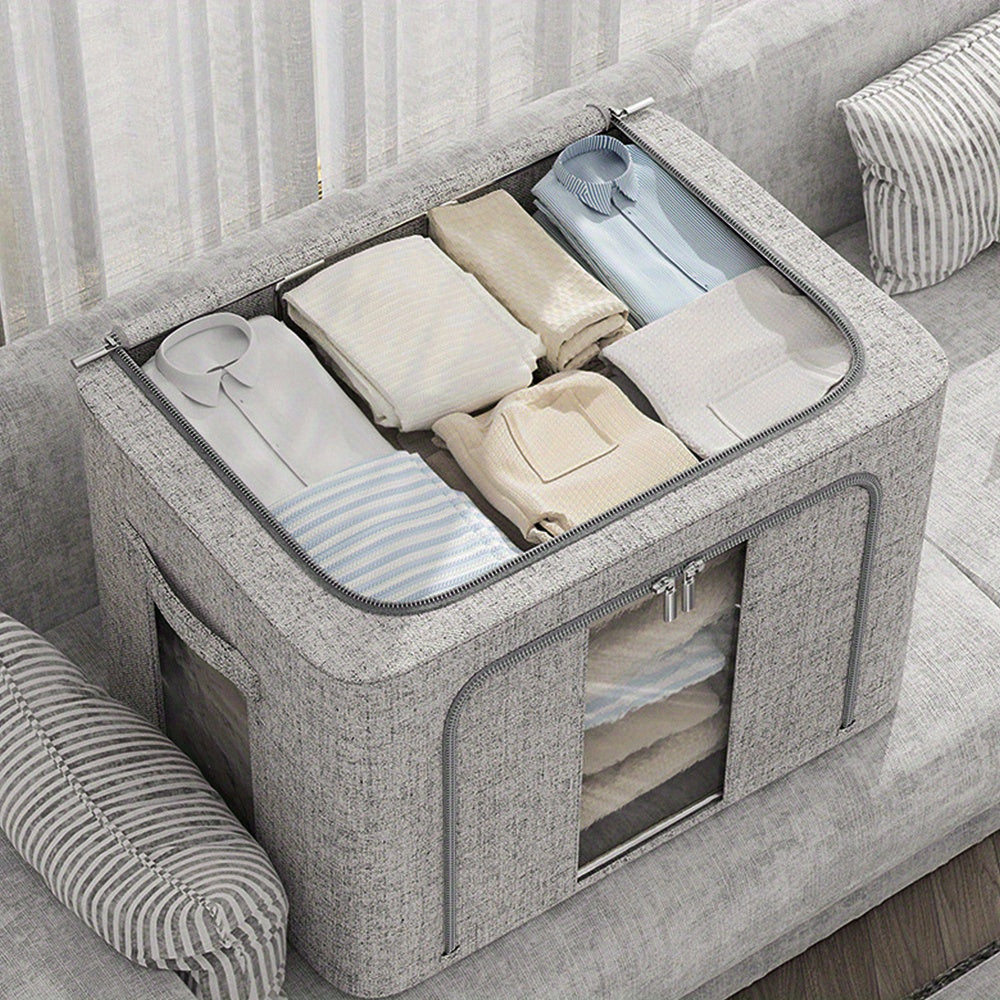66L Foldable Storage Box with Clear Windows - Extra Thick Cotton Linen Fabric Organizer Bins | Space-Saving Stackable Design for Clothes, Blankets & Bedding Storage (Zipper Closure, Wardrobe Essential)