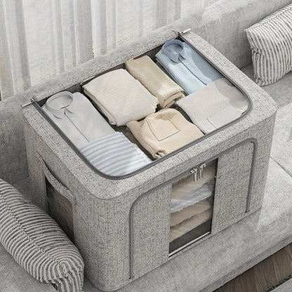 66L Foldable Storage Box with Clear Windows - Extra Thick Cotton Linen Fabric Organizer Bins | Space-Saving Stackable Design for Clothes, Blankets & Bedding Storage (Zipper Closure, Wardrobe Essential)