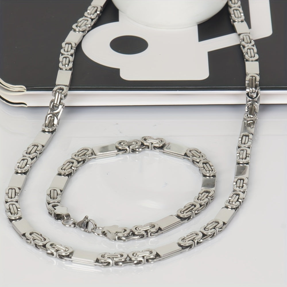 6mm Men's Minimalist 304 Stainless Steel Flat Link Necklace + Bracelet Set 8