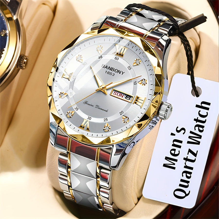 1 New Stainless Steel Men'S Quartz Watch with Roman Numerals, Rhinestone Dial, Date Calendar, Trendy Minimalist Luxury Brand, Luminous Sports Casual Business Multi-Functional Watch - Ideal Birthday Gift and Holiday Present, Elegant Watch For Men, Watch Fo