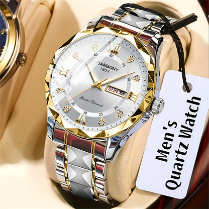 1 New Stainless Steel Men'S Quartz Watch with Roman Numerals, Rhinestone Dial, Date Calendar, Trendy Minimalist Luxury Brand, Luminous Sports Casual Business Multi-Functional Watch - Ideal Birthday Gift and Holiday Present, Elegant Watch For Men, Watch Fo