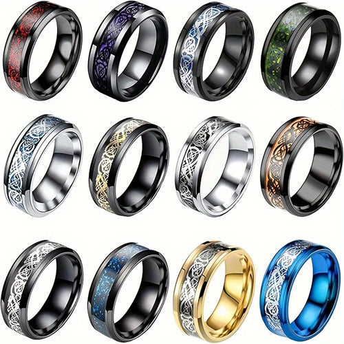 12pcs of 8mm 201 Stainless Steel rings for men and women, Celtic dragon beveled Celtic black ring, 201 Stainless Steel Golden wedding ring set size 7-13, non precious metal