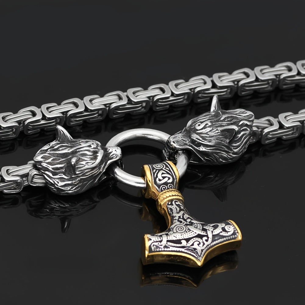 Stainless Steel Wolf Head Pendant Viking Vintage Amulet Necklace