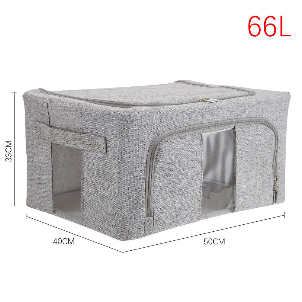 66L Foldable Storage Box with Clear Windows - Extra Thick Cotton Linen Fabric Organizer Bins | Space-Saving Stackable Design for Clothes, Blankets & Bedding Storage (Zipper Closure, Wardrobe Essential)