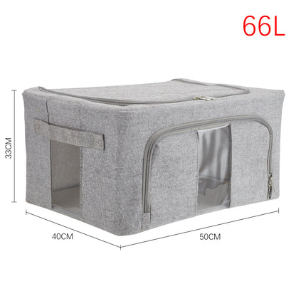 66L Foldable Storage Box with Clear Windows - Extra Thick Cotton Linen Fabric Organizer Bins | Space-Saving Stackable Design for Clothes, Blankets & Bedding Storage (Zipper Closure, Wardrobe Essential)