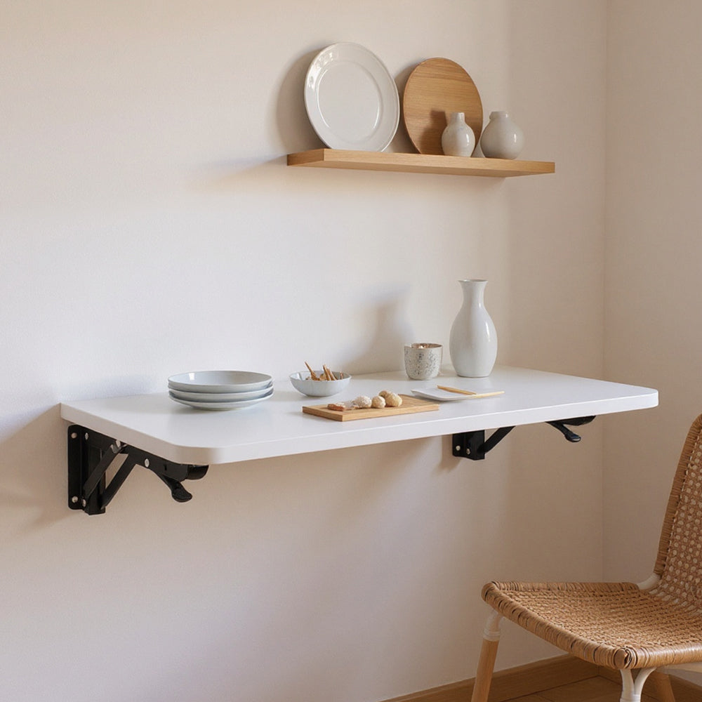 Folding Wall-Mounted Laptop Desk, Space-Saving Study and Reading Table, Metal Iron Frame Design, Durable and Sturdy Wall Desk for Home or Office, Black/White, 52x24cm / 65x24cm / 75x24cm