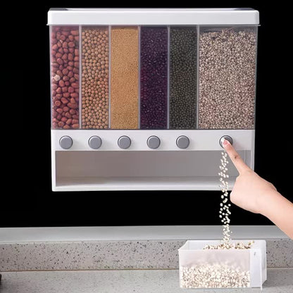 6 in1 Cereal Dispenser Dry Food Dispenser Storage Container Wall Mount Cereal Grain Rice Dispenser 6 Grid Rice Dispenser Food Bucket for Kitchen Home