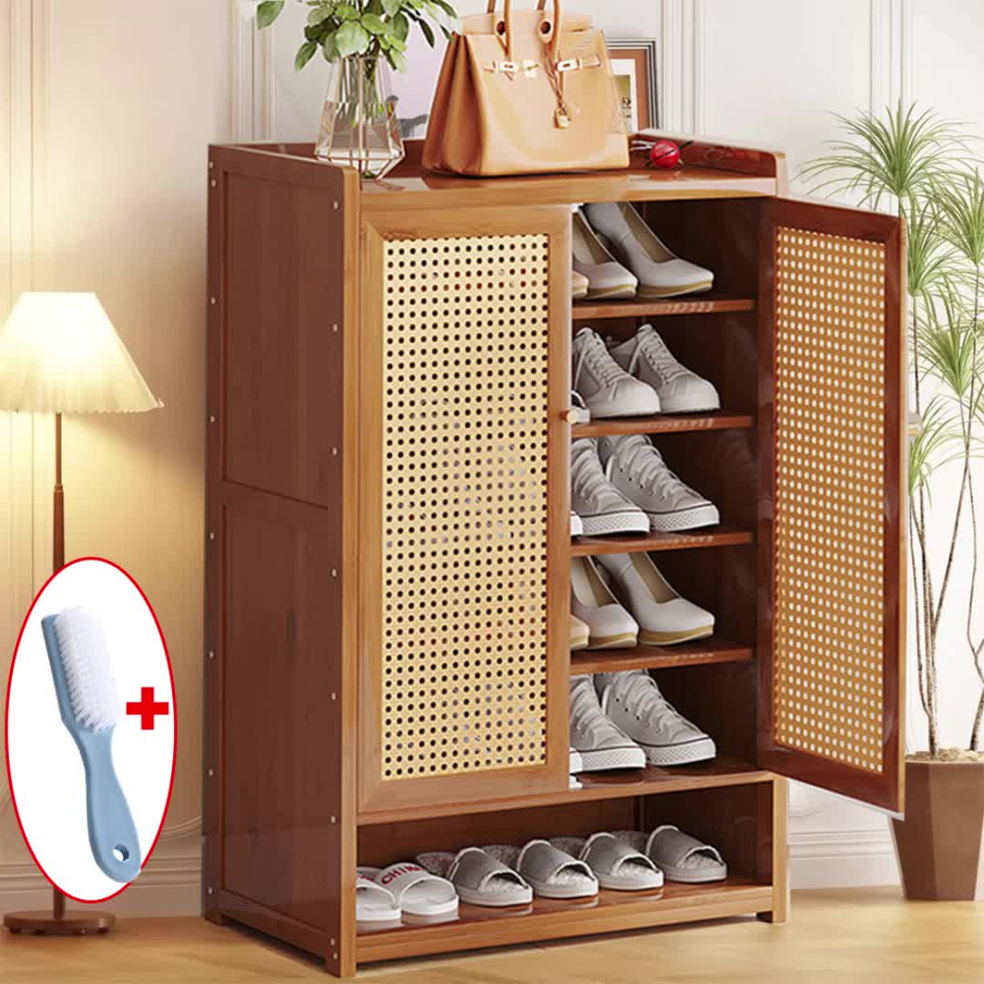 Shoe Cabinet Storage Cupboard Footwear Stand Rack Wooden Double Rattan Doors UK