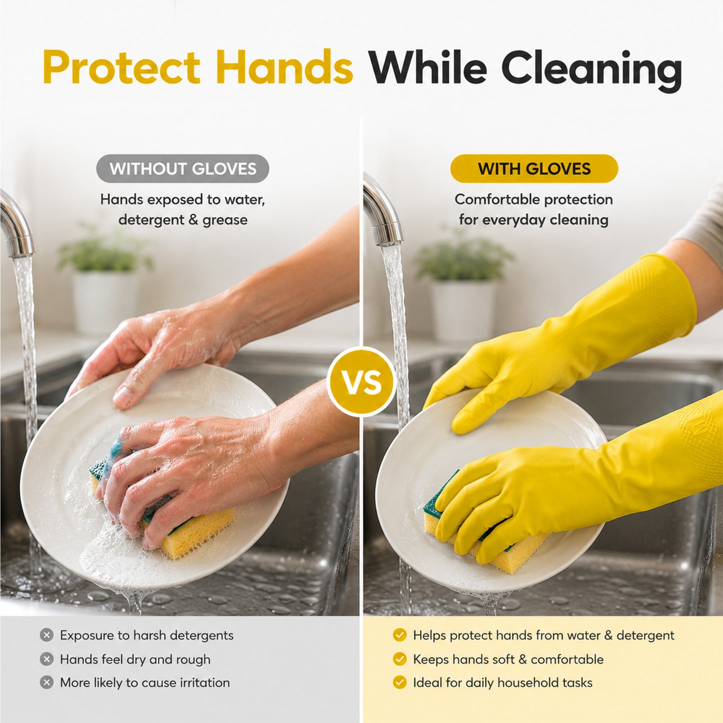 12 Pairs Medium Household Gloves | Yellow Durable Rubber Gloves for Cleaning | Waterproof Latex Washing Up Gloves with Non-Slip Grip | Comfortable Flock-Lined Gloves for Kitchen & Bathroom Use
