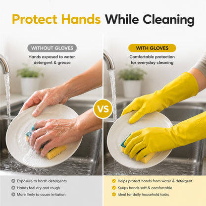 12 Pairs Medium Household Gloves | Yellow Durable Rubber Gloves for Cleaning | Waterproof Latex Washing Up Gloves with Non-Slip Grip | Comfortable Flock-Lined Gloves for Kitchen & Bathroom Use